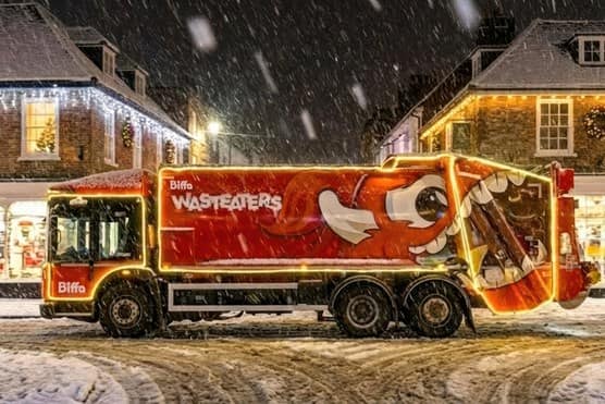 Christmas decorated street with Biffa Wasteater trucks