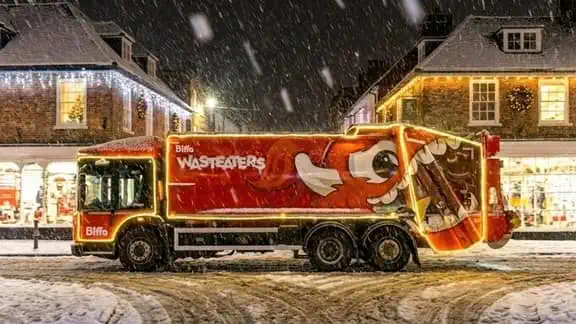 Christmas decorated street with Biffa Wasteater trucks