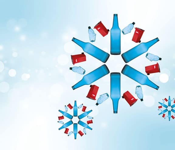 Snowflake made out of blue bottles and bins