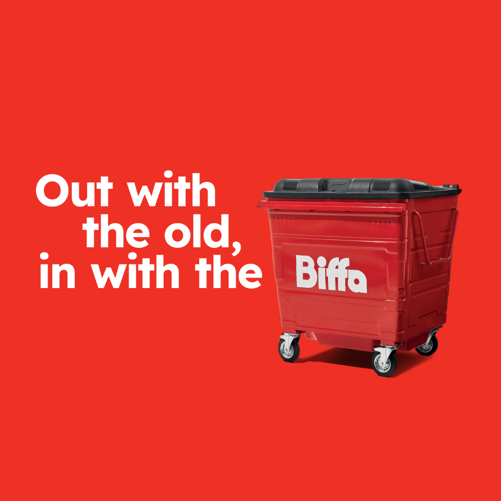 Red bin with slogan