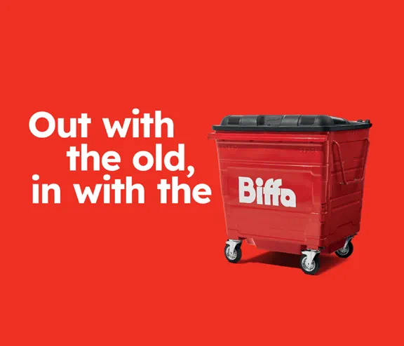 Red bin with slogan