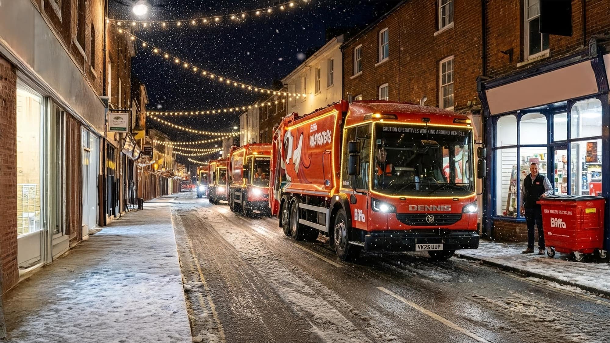 Christmas decorated street with Biffa Wasteater trucks and bin outside store