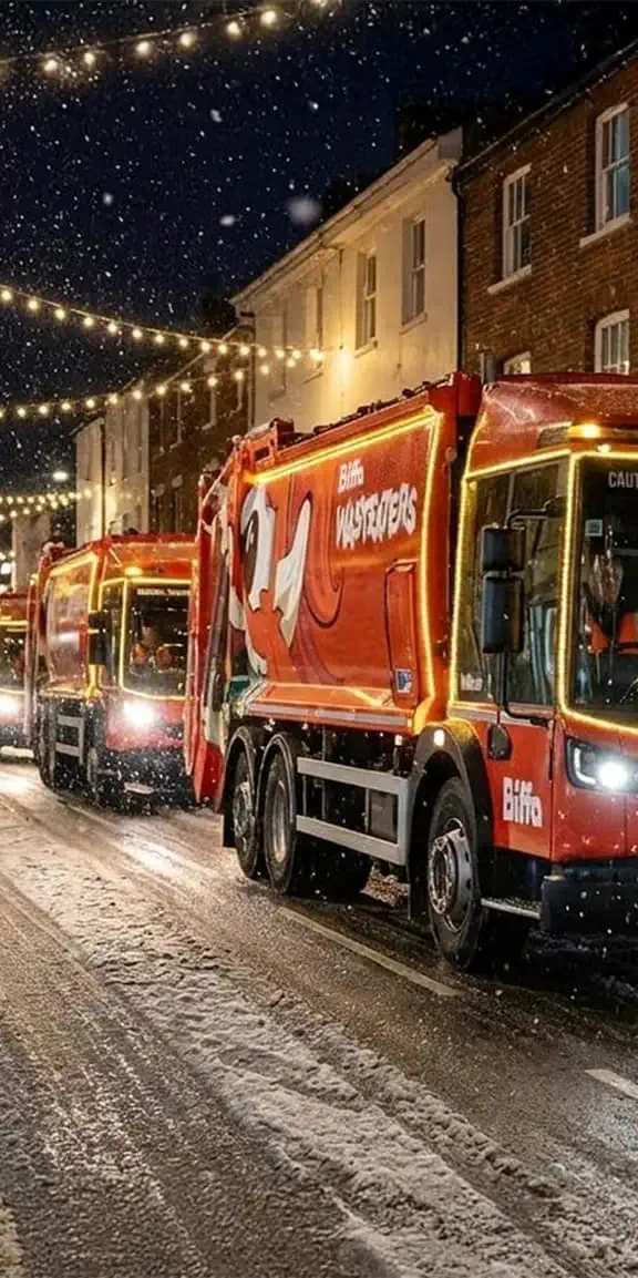 Christmas decorated street with Biffa Wasteater trucks and bin outside store