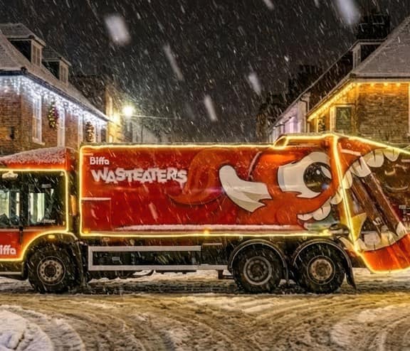 Christmas decorated street with Biffa Wasteater trucks