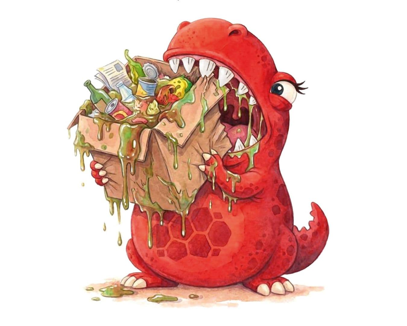 Illustration of whitney the wasteater eating rubbish