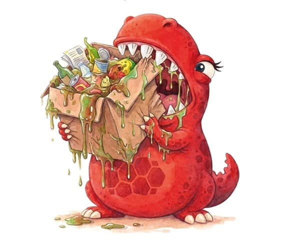 Illustration of whitney the wasteater eating rubbish