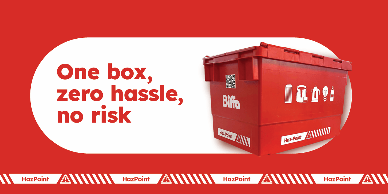 Hazpoint container with slogan 'One box, zero hassle, no risk'