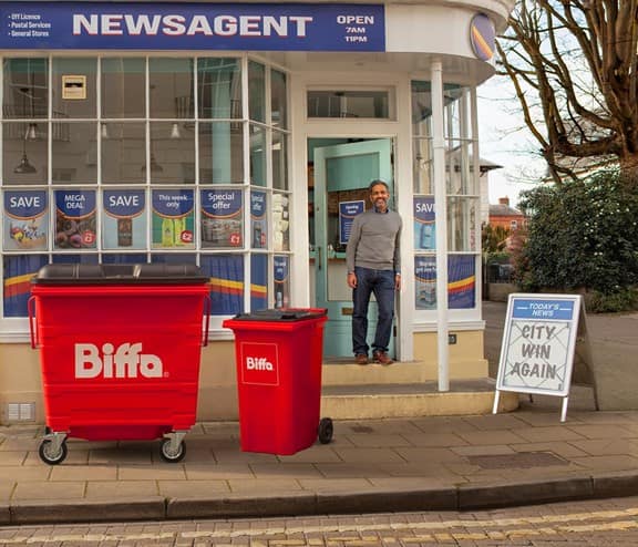 Biffa bins outside newsagent