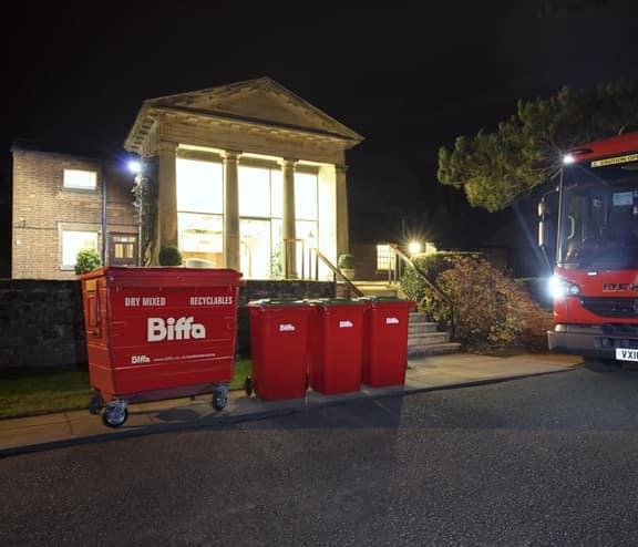 Biffa truck and bins at night