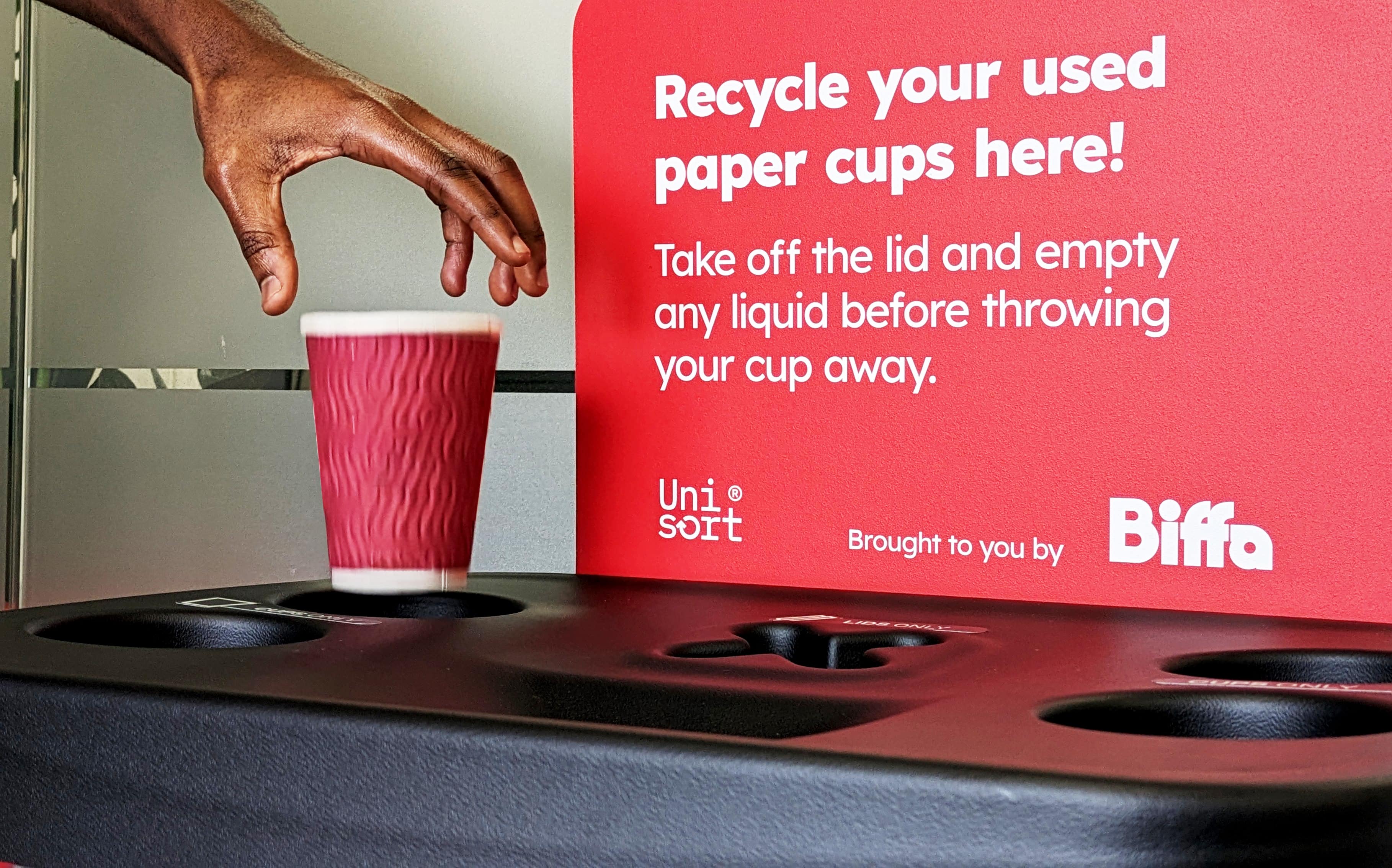 A single use cup being recycled in Biffa's Takeback Scheme