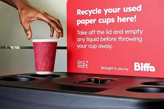 A single use cup being recycled in Biffa's Takeback Scheme