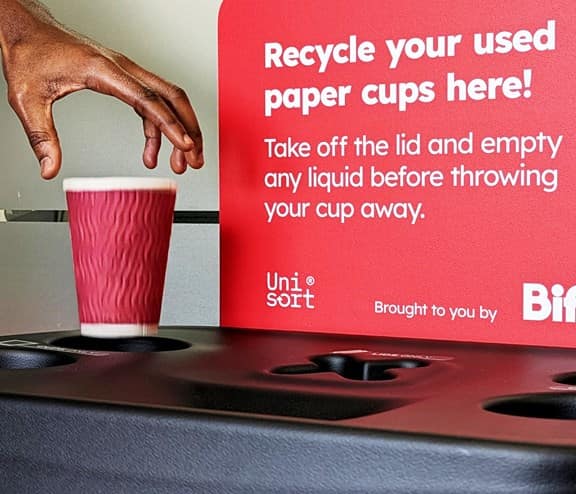 A single use cup being recycled in Biffa's Takeback Scheme