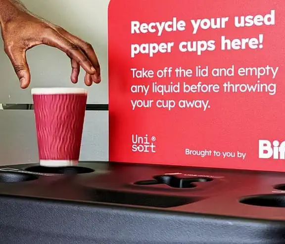 A single use cup being recycled in Biffa's Takeback Scheme