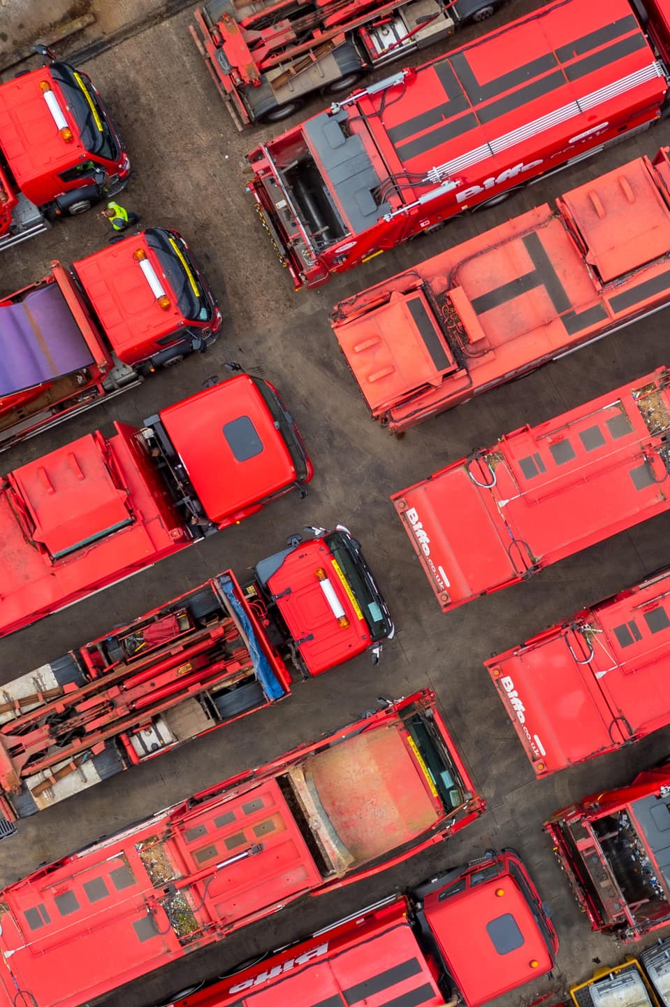 Birdseye view of red Biffa vehicles