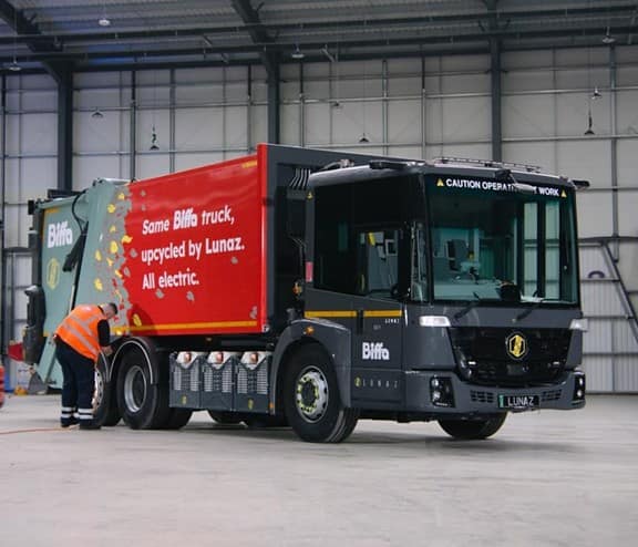 Truck with Biffa X Lunaz branding