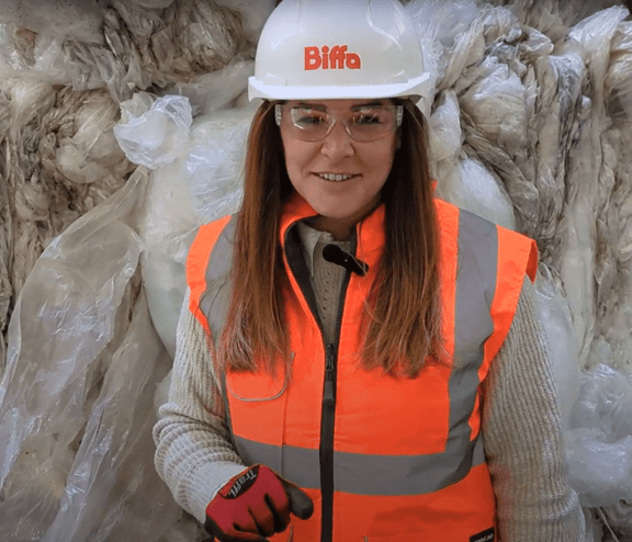 Biffa female employee standing in waste factory on International Women's Day