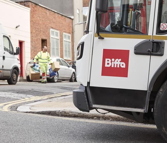 Biffa waste vehicle with operative in distance