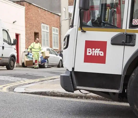 Biffa waste vehicle with operative in distance