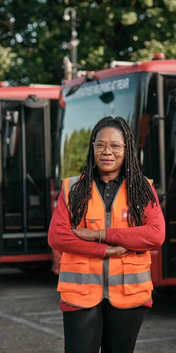 Female employee in front of waste vehicles