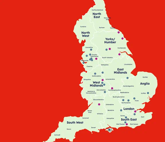 Map with dots indicating the sites