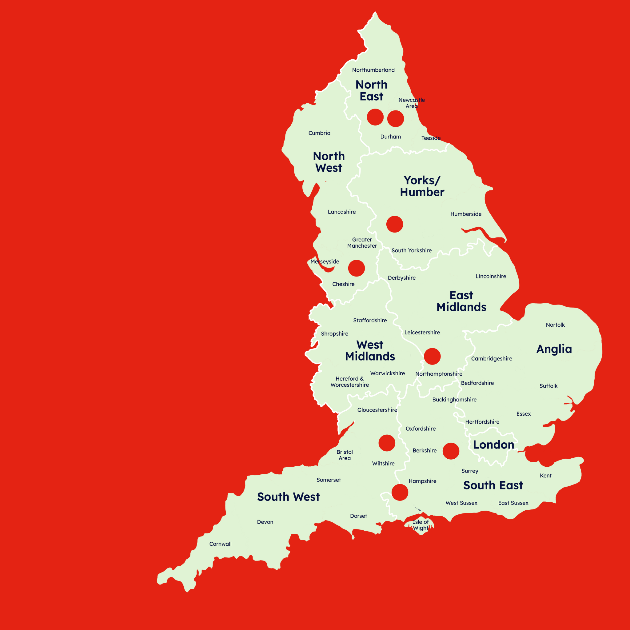 Map with red dots indicating the sites