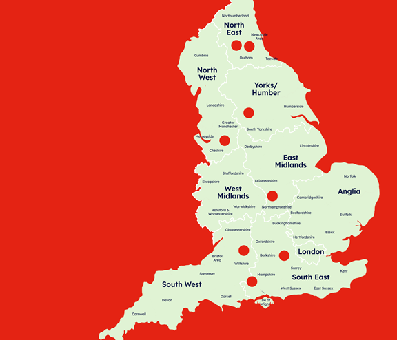 Map with red dots indicating the sites