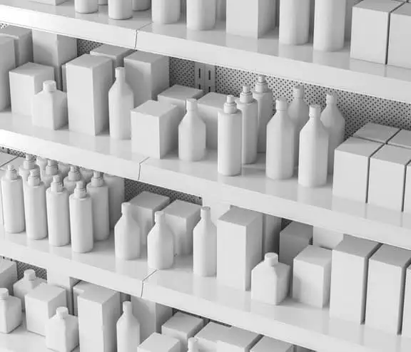 Side view of shelves with products (all white no labels)