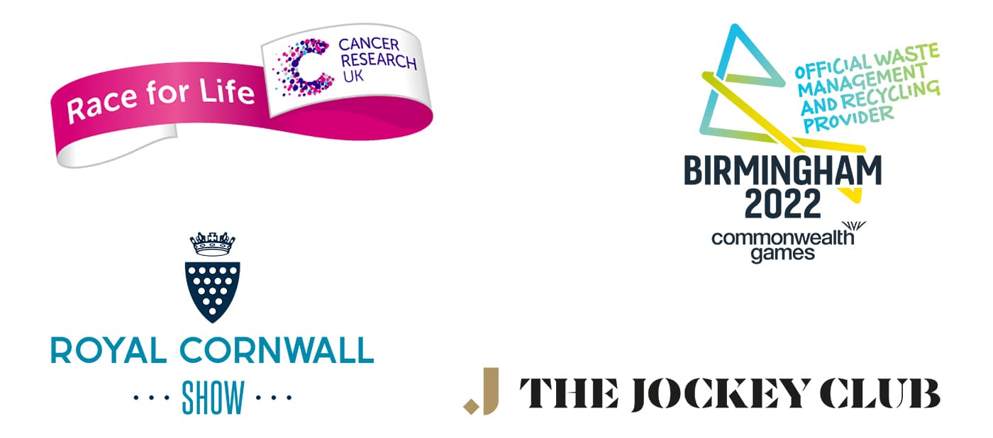 Race for life logo, commonwealth games logo, royal cornwall show logo, the jockey club logo