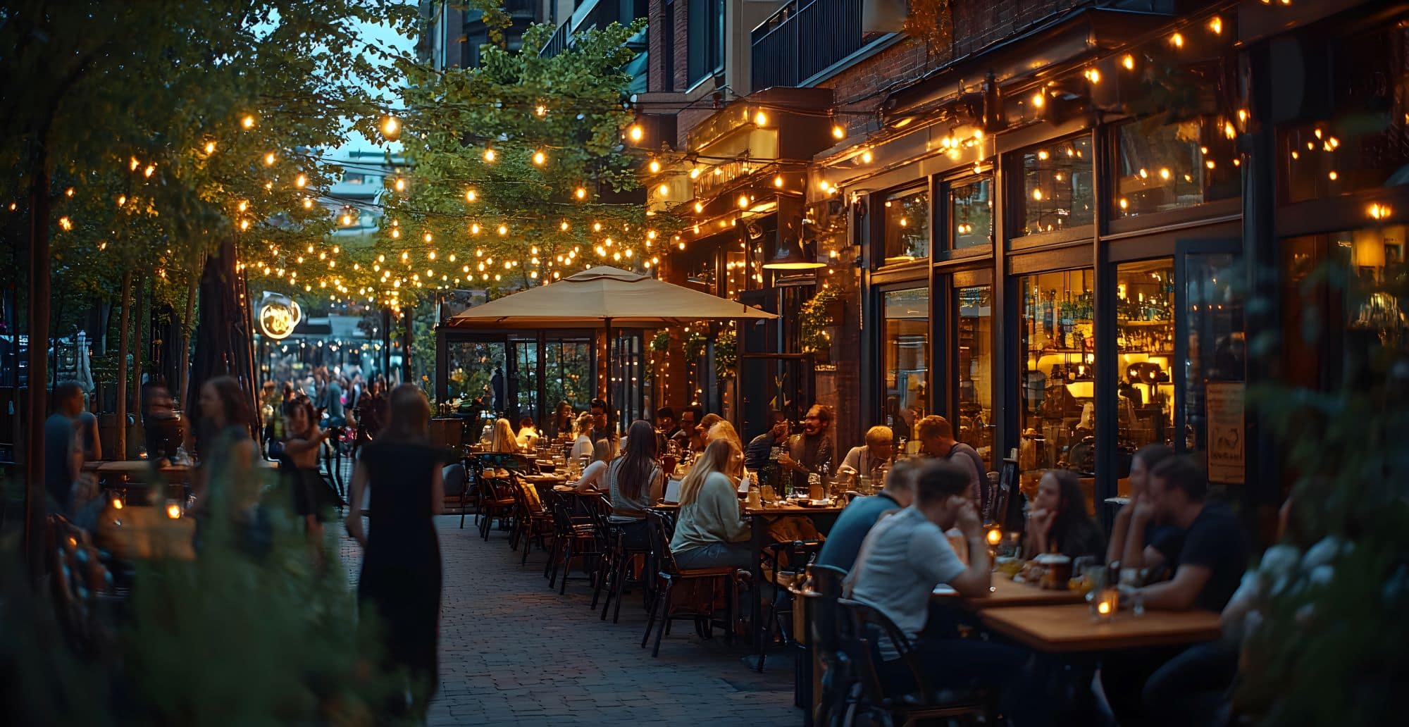 Fairy lit street outside packed restaurant