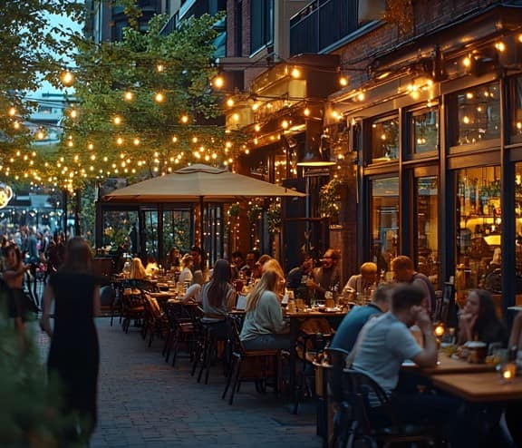 Fairy lit street outside packed restaurant