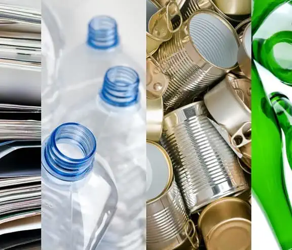 Split screen of paper, bottles, cans and glass bottles